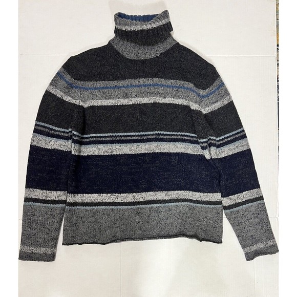 Men's Banana Republic Lambs Wool Blend Turtleneck Striped Sweater Sz L Gray Blue - Picture 1 of 9